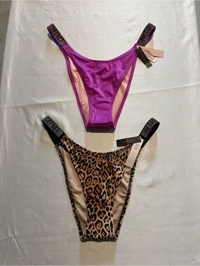 Victoria's Secret Leopard  Rhinestone Logo Bikini Swim Bottom set Women's L New